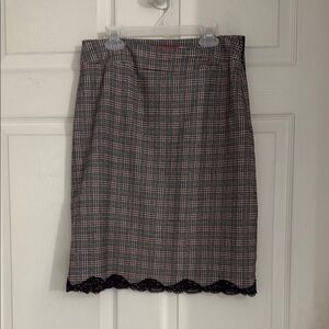 Anne Klein Black and Red Plaid Pencil Skirt with Lace